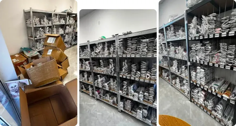Shelves stocked with kits after a delivery